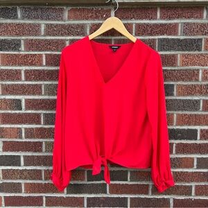 Express Red V Neck Chiffon Front Knotted Long Sleeve Blouse Top